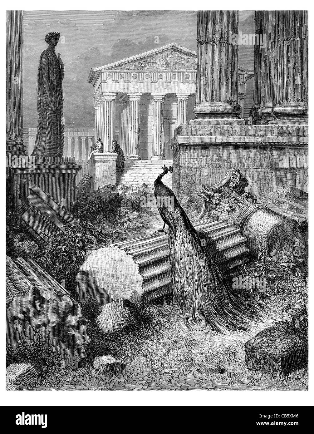 Fontaine Le Paon Se Plaignant eine Junon der Pfau beschweren sich Juno Skulptur Statue Tempel ionische Säule Säulen Säule Stockfoto