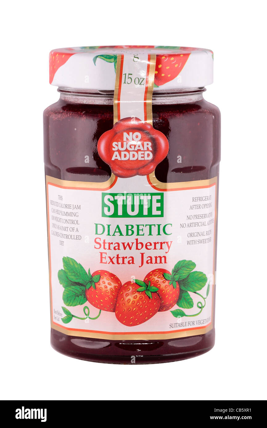 Stute diabetische Strawberry jam auf weißem Hintergrund Stockfoto