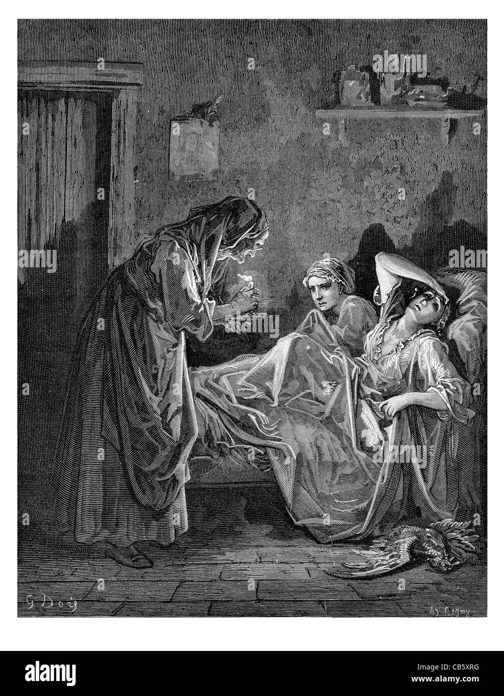 Fontaine La Vieille et Les Deux Servantes alte Frau zwei Diener Diener Kerze Licht Bett krank krank schlecht Tote Huhn Stockfoto