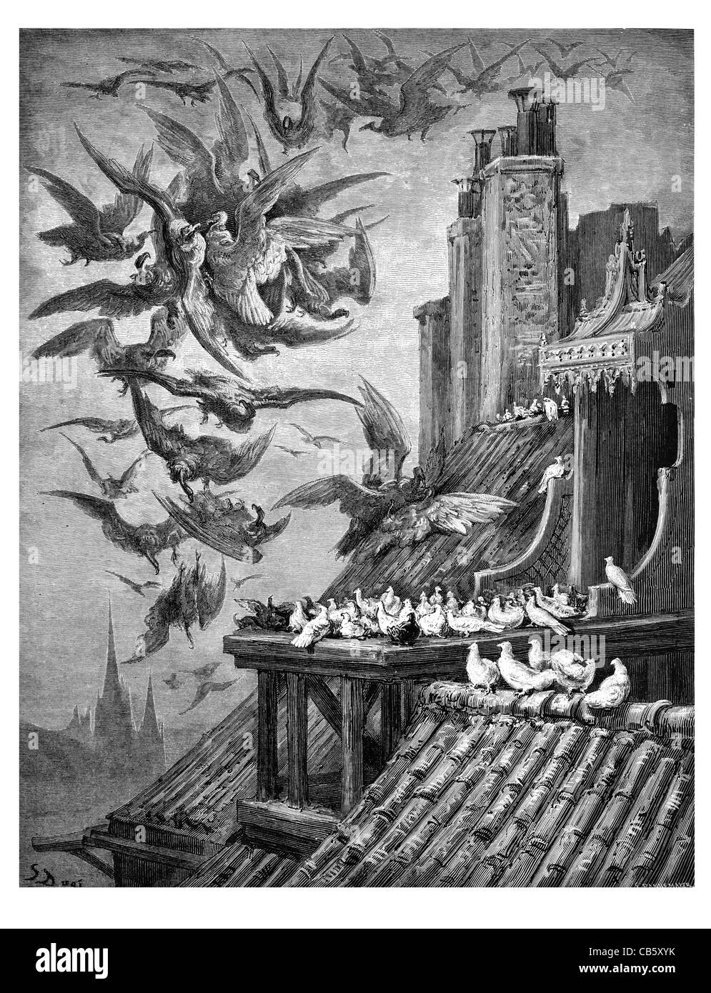 Fontaine Les Vautours et Les Tauben Geier Pigeon Coop Nest Räuber Beute killer töten Jagd Jagd gejagt Jagd Stockfoto