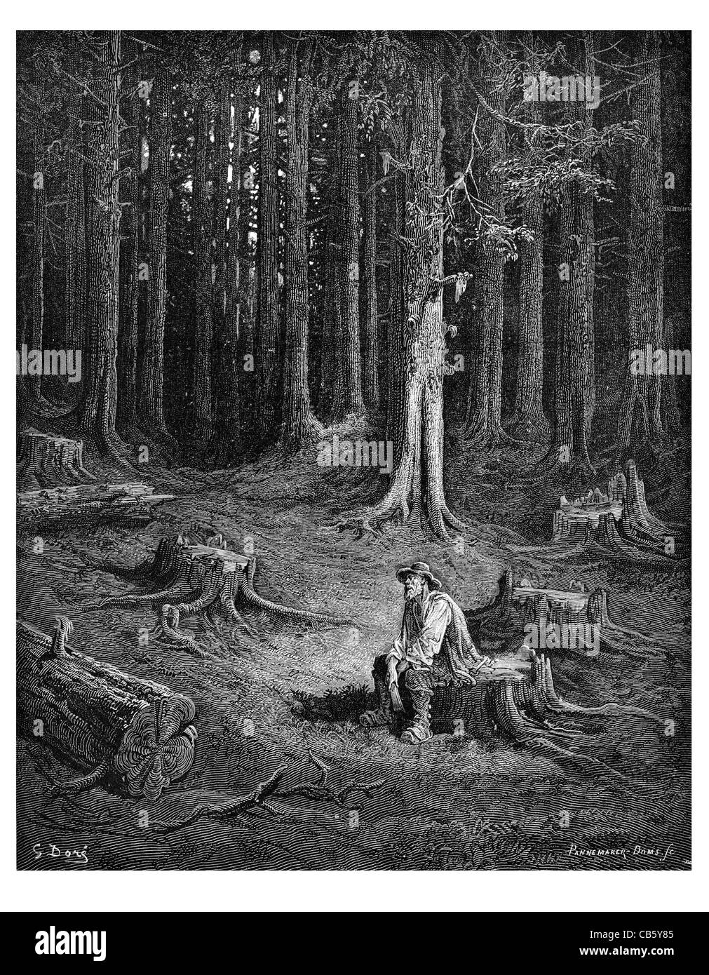 Wald-Holzfäller Holzfäller Förster Holz Wald Baum Stump Mann Arbeitnehmer Arbeit Pause Rest nachdenklich denken Stockfoto