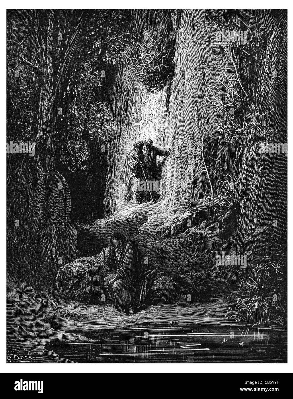 Der Schiedsrichter Krankenhaus Solitaire alte Mann gebrechliche Spazierstock Wald Heilung Naturmedizin Teich Wald Baum Nacht theater Stockfoto