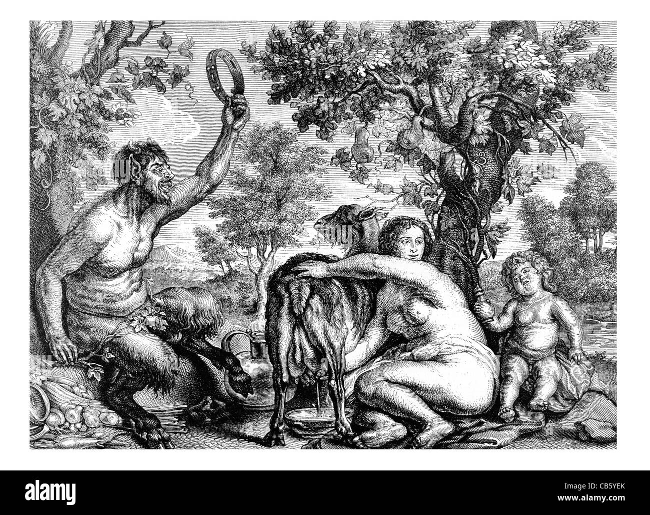 Jupiter und die Ziege Jacob Jordaens griechischen Mythos mythologischen Tier Rehkitz Kind Mann Frau Melken Ziege allegorische Geschichte Stockfoto