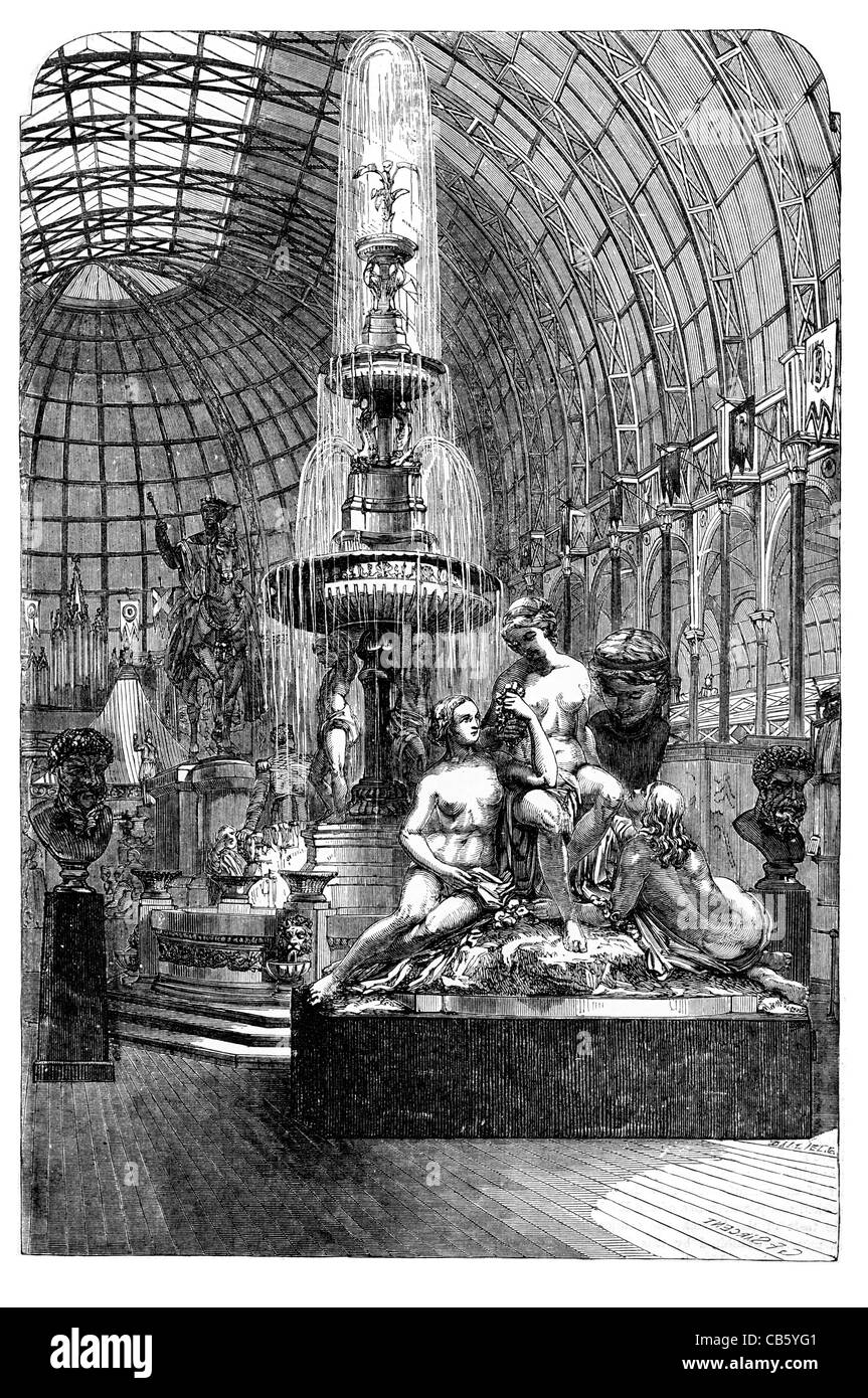 Blick auf die großen zentralen Halle Crystal Palace 1851 Statue Skulptur Kunst Arbeit Brunnen grand verzierten Glas Stockfoto
