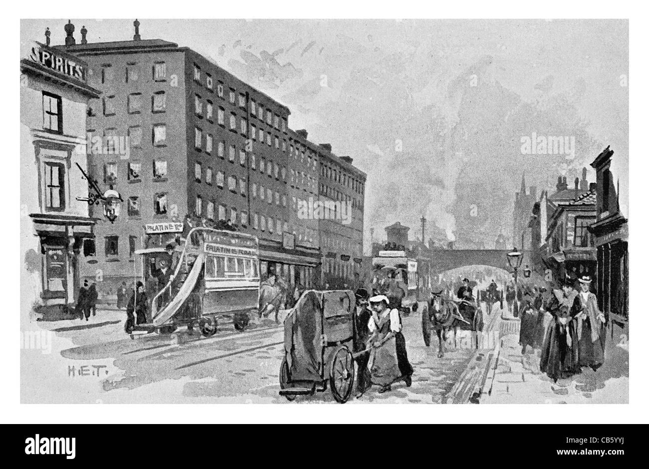 Oxford Road und Longford Mills Lager Straßenbahn Spur Pferdekutsche Kutsche Bus Gehsteig Fußgänger Stockfoto