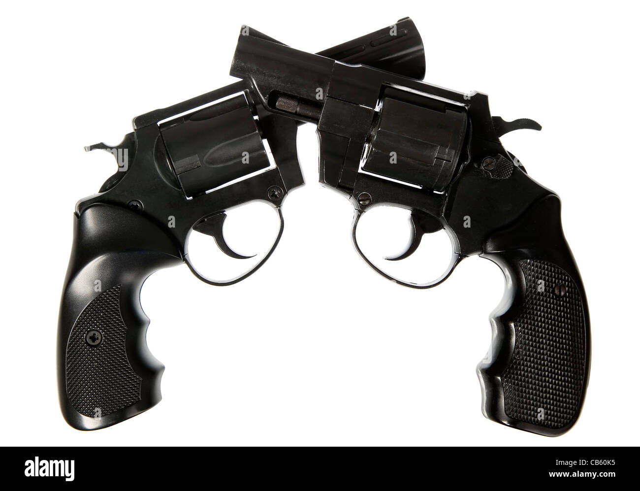 Schwarze Pistole auf weißem Hintergrund, gefährlich und Sicherheitskonzept Stockfoto