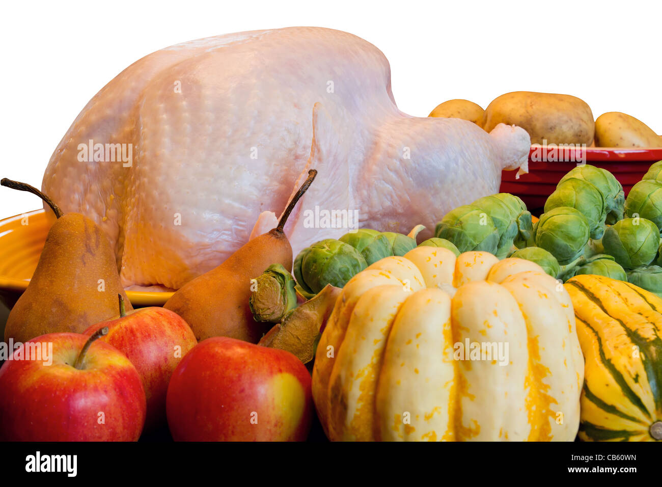 Thanksgiving Truthahn Abendessen kochen Zutaten mit Kürbis-Äpfel-Rosenkohl-Birnen und Kartoffeln Closeup Stockfoto