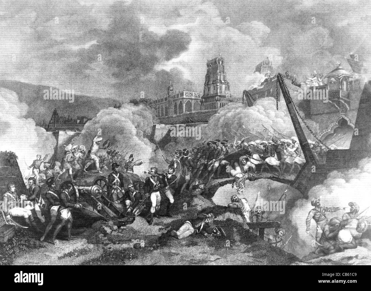 STORMING SERIGATAPAN 1799 von britischen Soldaten gegen Tipu Sultans Verteidiger mit französischer Soldat im Dreispitz ganz rechts Stockfoto