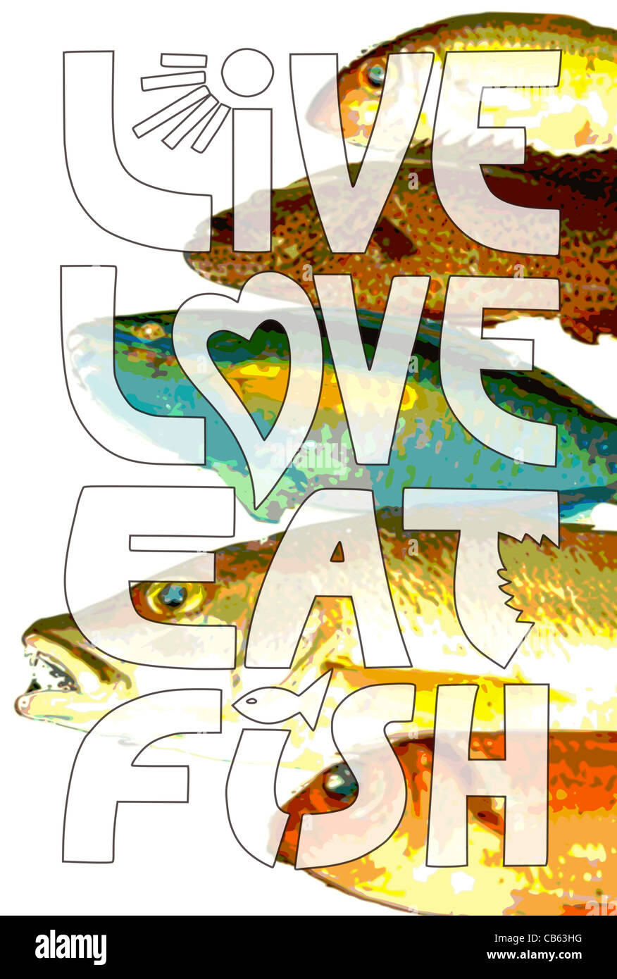 Live Love Eat Fish - Foto-Collage-Poster, das den Lebensunterhalt mit einem gesunden peskatarischen oder vegetarischen Lebensstil feiert. Vielleicht genießen Sie eine entzündungshemmende Ernährung. Stockfoto