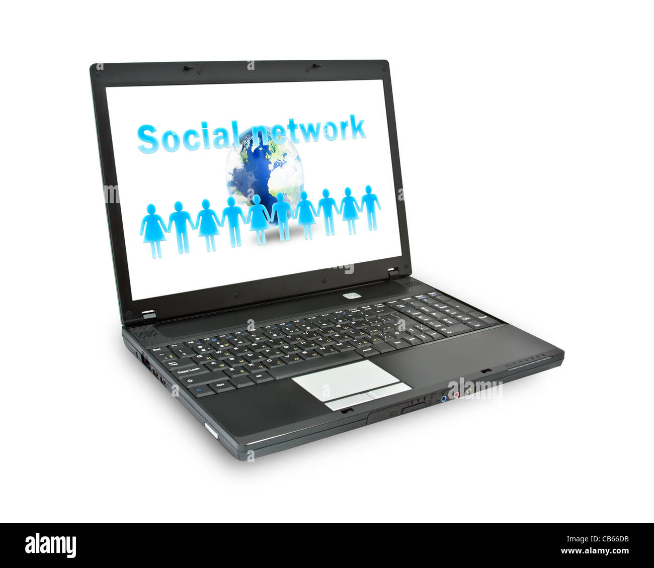 Laptop mit social Network auf dem Bildschirm. Isoliert auf weiss Stockfoto