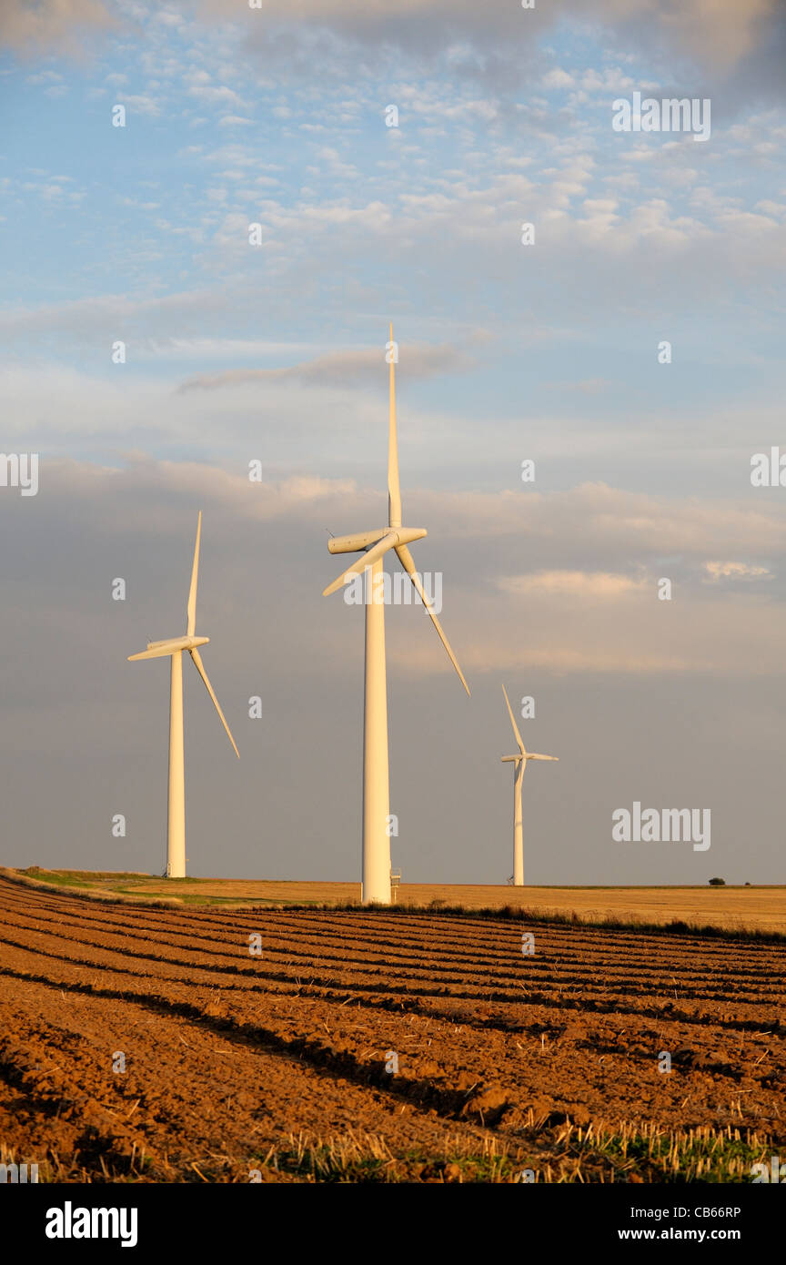 Bauernhof Windkraftanlagen auf reiche Ernte Boden Ackerland bei Easington, Holderness, East Yorkshire, an der Ostküste von England, UK Stockfoto