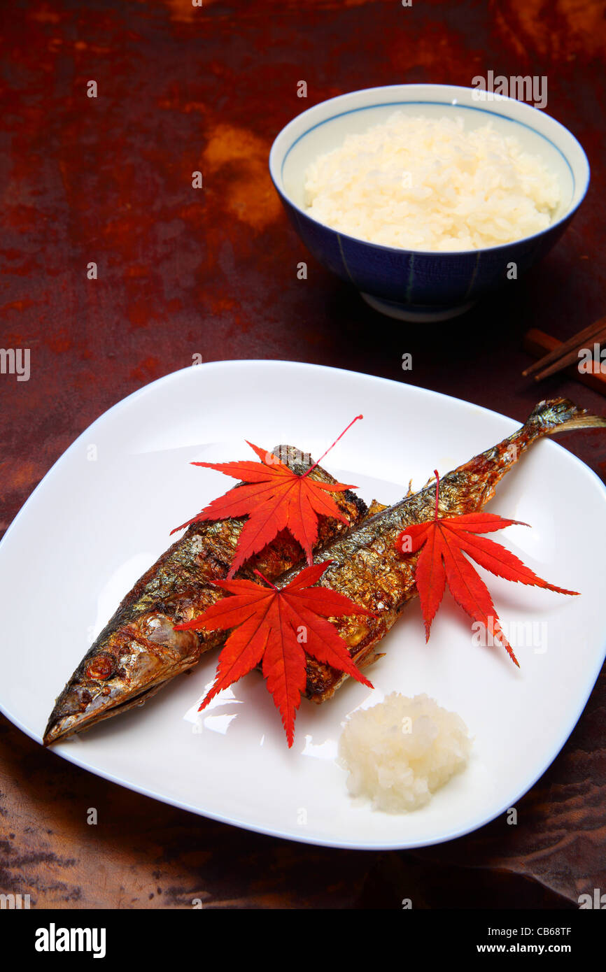 Gegrillter Fisch Saury und gekochtem Reis, japanisches Essen Stockfoto