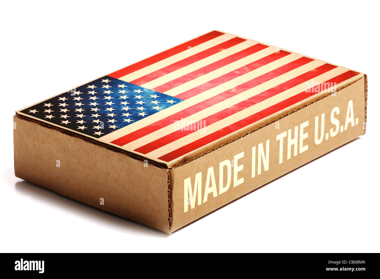 Leere Karton "Made in USA", isolated on white Background. Stockfoto