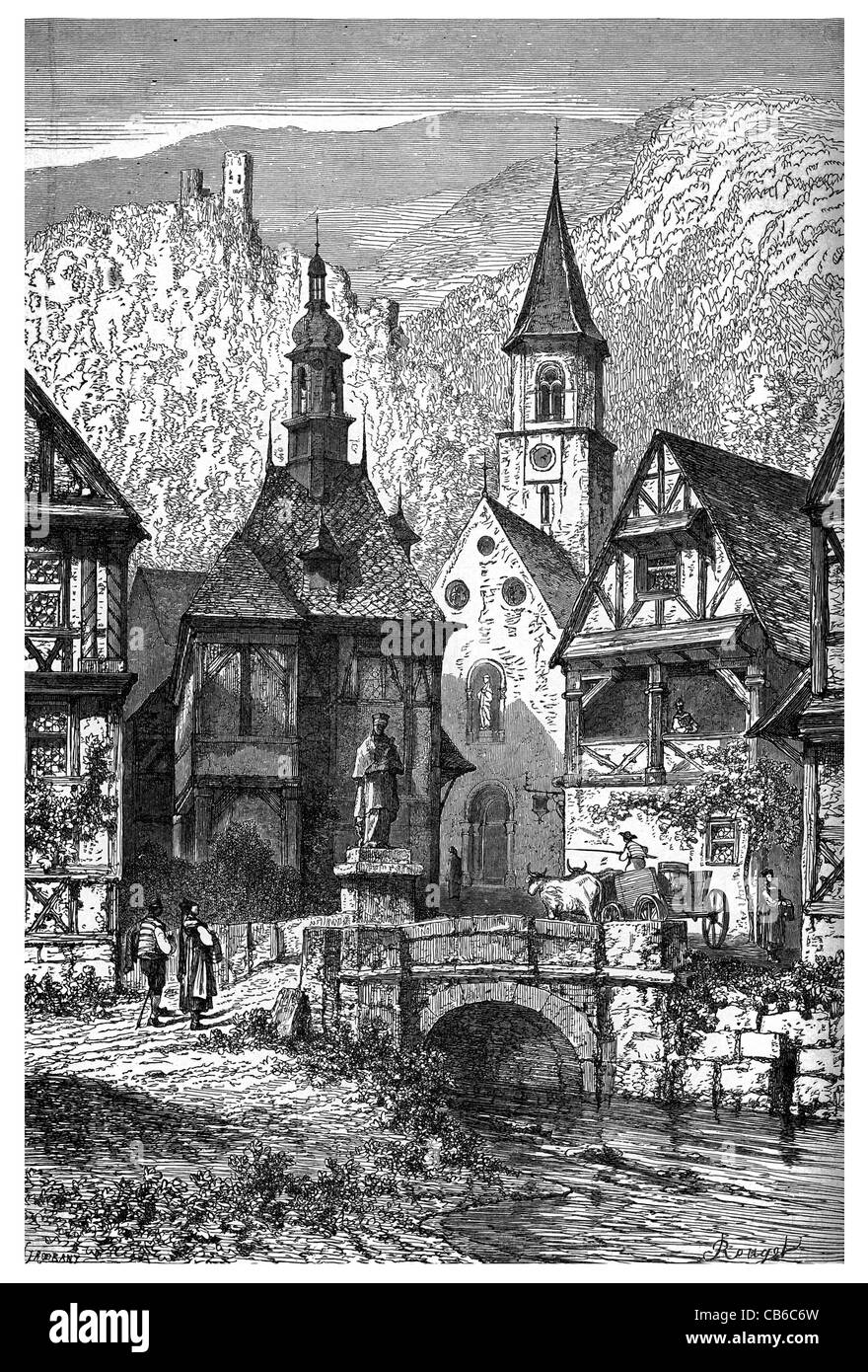 Dorf Kirche Schwarzwald Deutschland bewaldeten Bergkette Fluss Brücke Cottage traditionellen mittelalterlichen Stockfoto