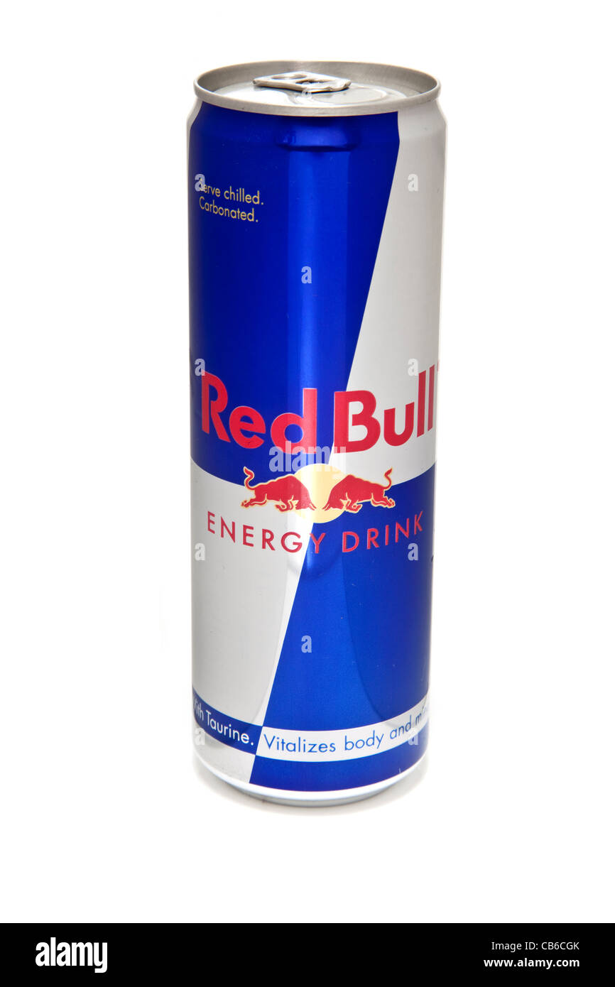 Kann der Redbull oder Red Bull Energy Drink auf einem weißen studio Hintergrund isoliert. Stockfoto