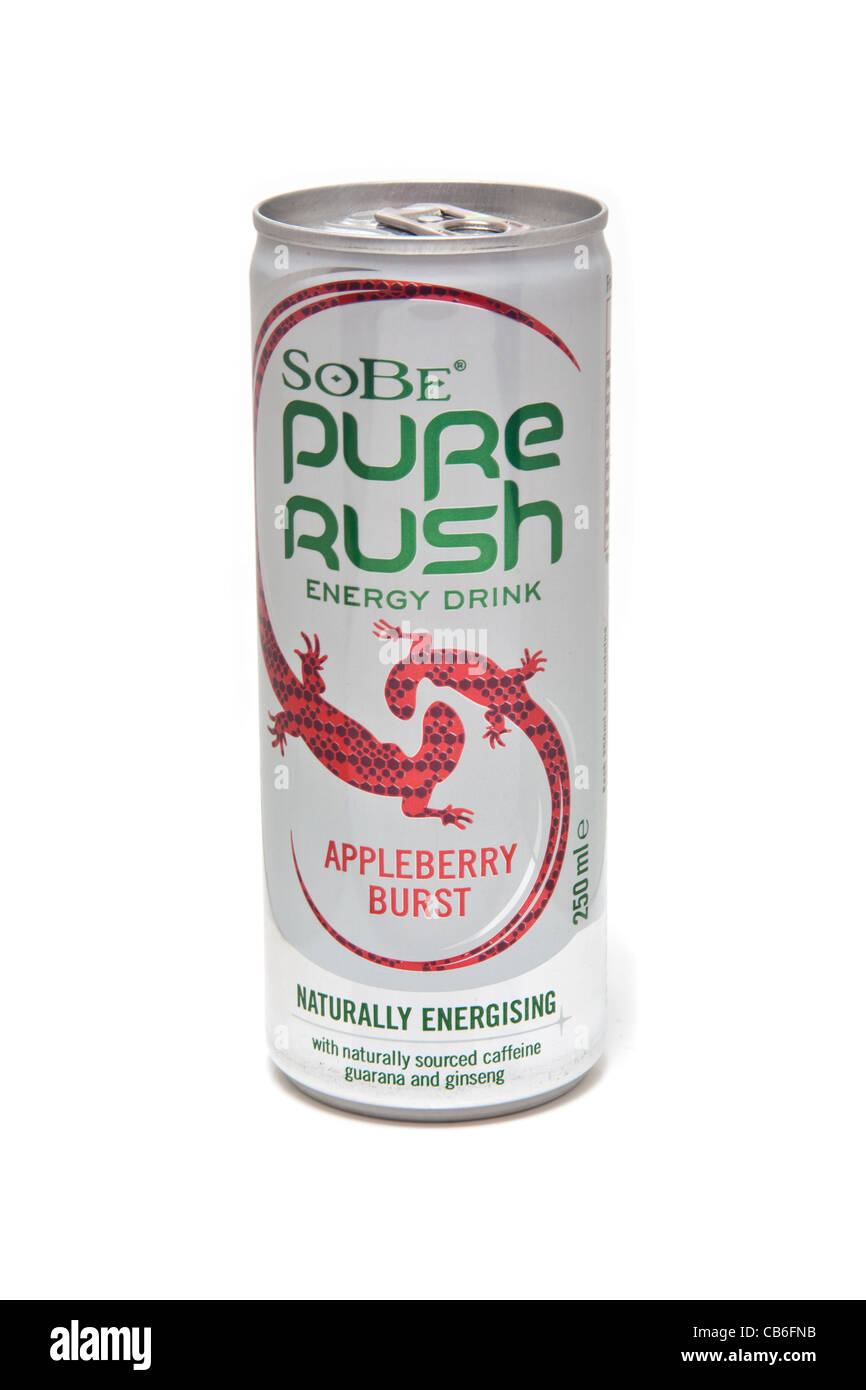 Sobe Pure Rush-Energy-Drink isoliert auf einem weißen Studio-Hintergrund. Stockfoto