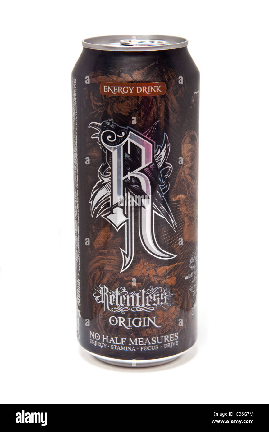 Kann der unerbittlichen Herkunft-Energy-Drink isoliert auf einem weißen Studio-Hintergrund. Stockfoto