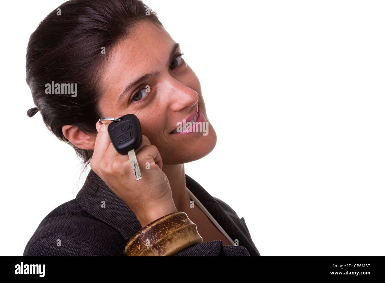 Ich bin so glücklich mit meinem neuen Autoschlüssel (Tiefenschärfe) Stockfoto