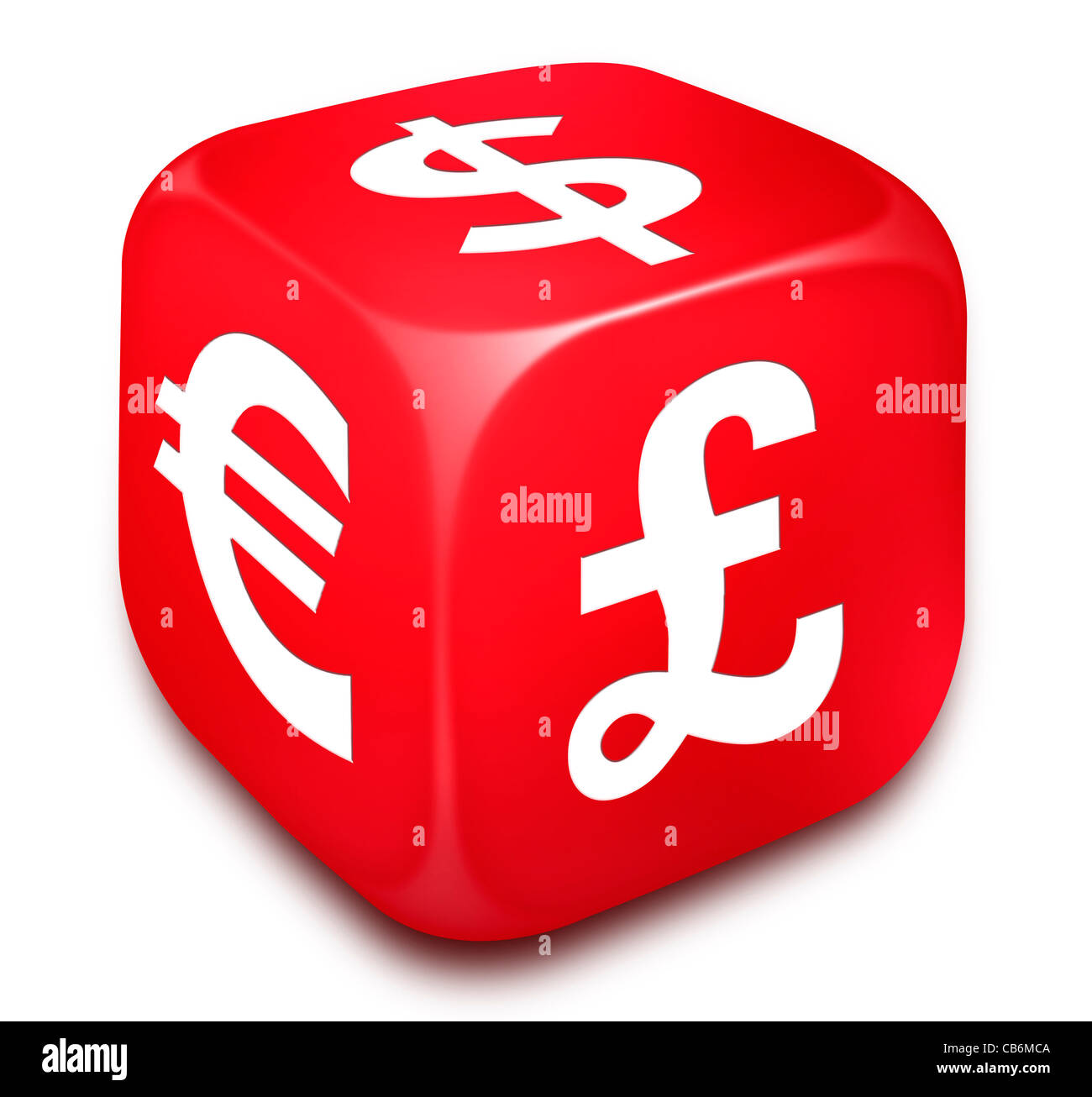 Roter Würfel bei uns gedruckt UK und Euro-Symbole auf jeder Seite. Weißer Hintergrund, Ausschnitt Stockfoto