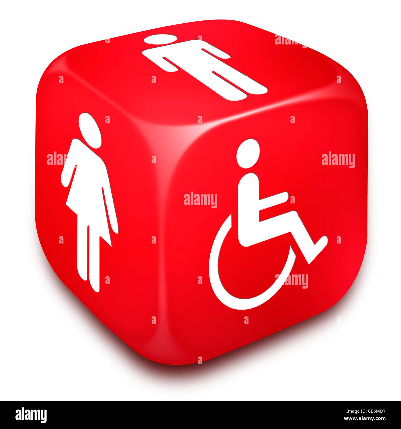 Roter Würfel mit männliche, weibliche und ein Behinderten-Symbol auf ihren Gesichtern Stockfoto