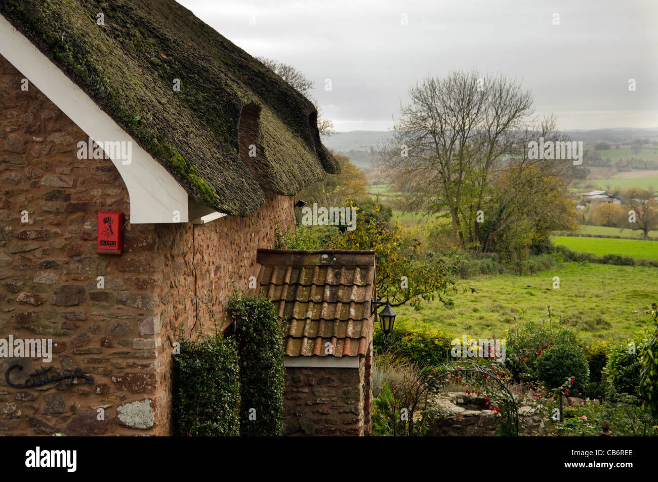 Ein Blick auf eine strohgedeckte Hütte gegen den Quantock Hills Somerset South West England UK Stockfoto