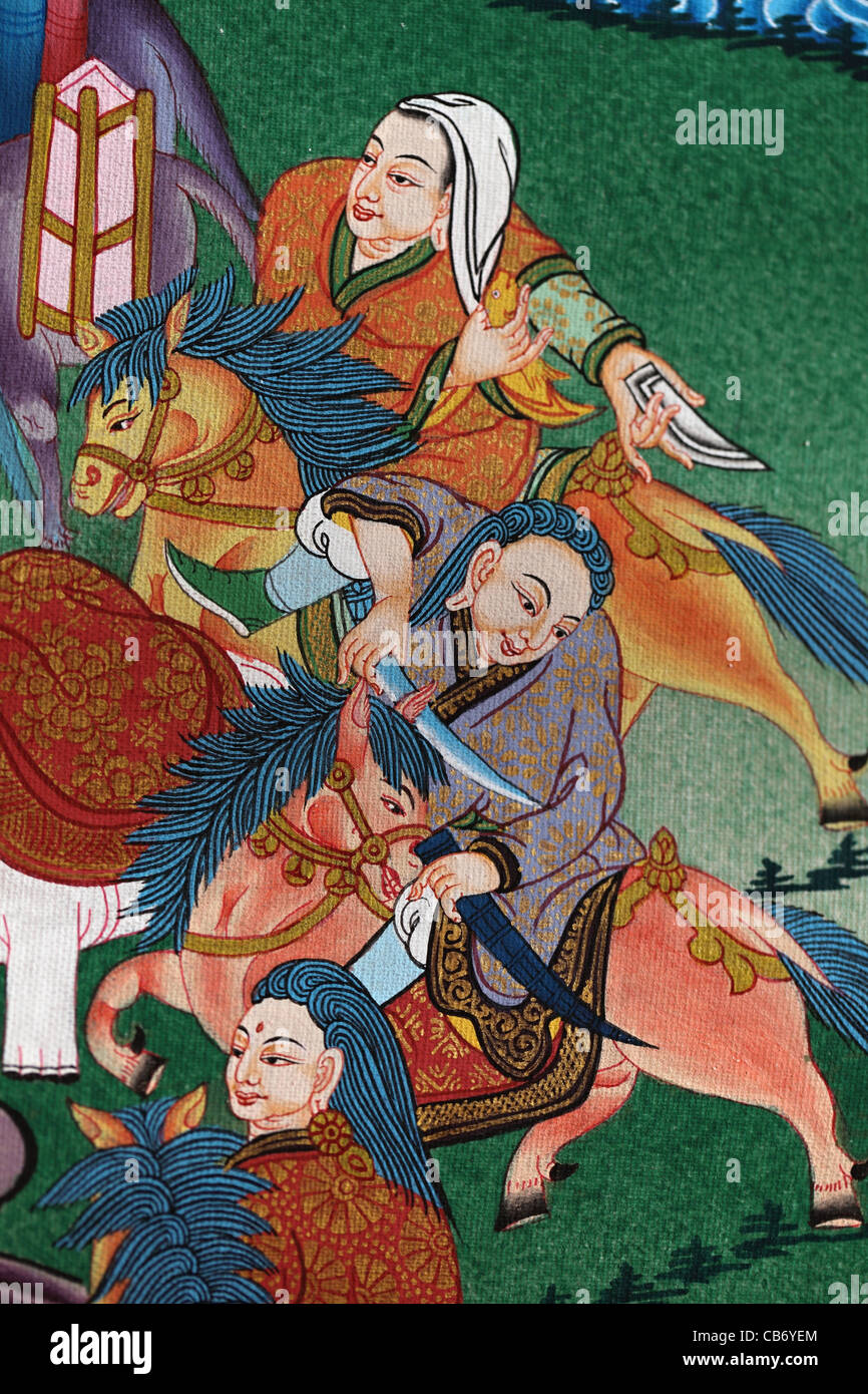 Avalokiteshvara Bodhisattva des Mitgefühls Thangka aus Nepal (Detail). Qualitativ hochwertige Malerei. Stockfoto