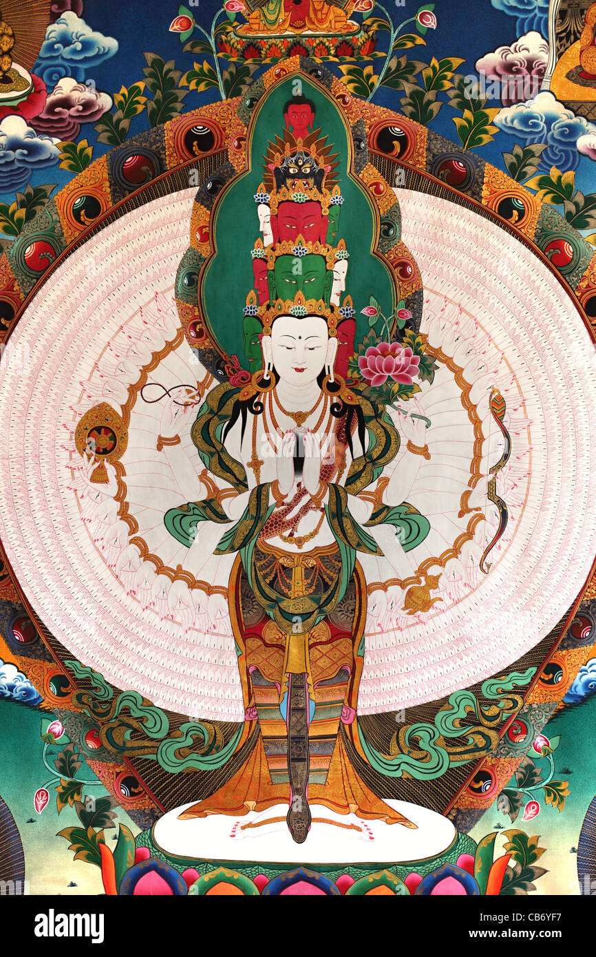 Avalokiteshvara Bodhisattva des Mitgefühls Thangka aus Nepal. Qualitativ hochwertige Malerei. Stockfoto