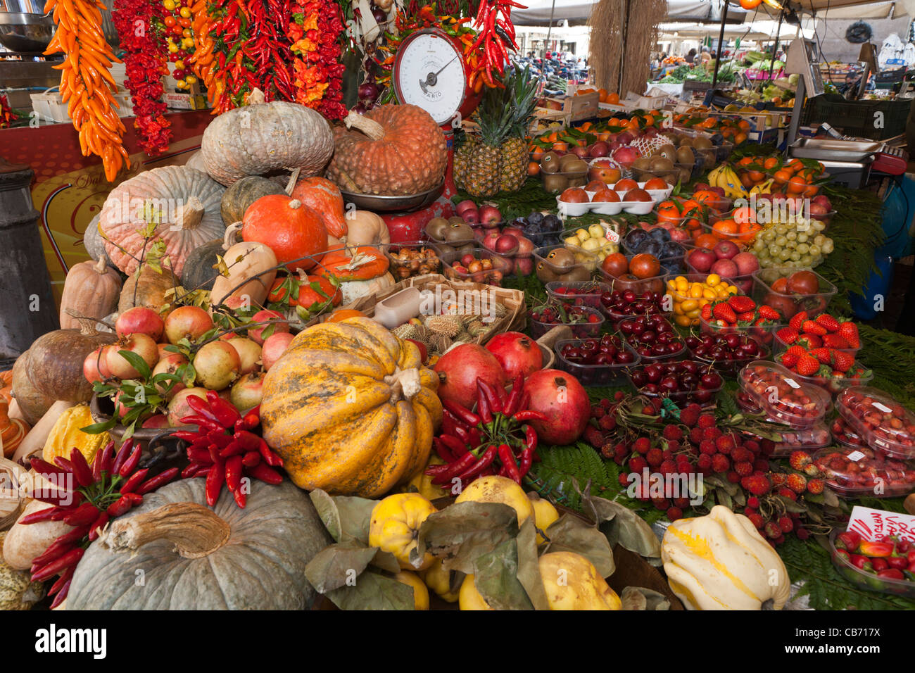 Kürbisse, Kürbis und Herbstgemüse angezeigt am Marktstand Stockfoto