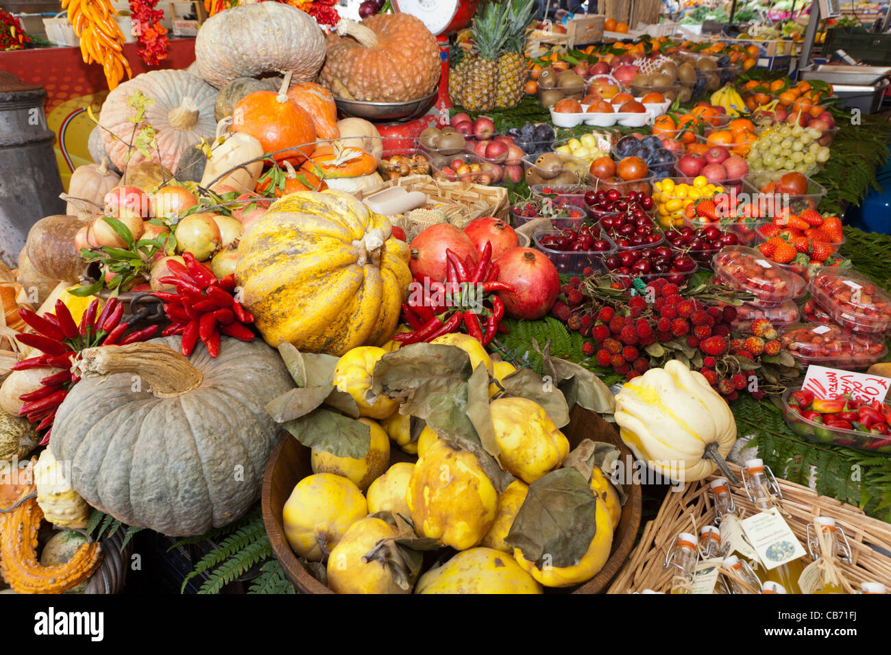 Pumpins, Squash und Herbstgemüse angezeigt am Marktstand Stockfoto