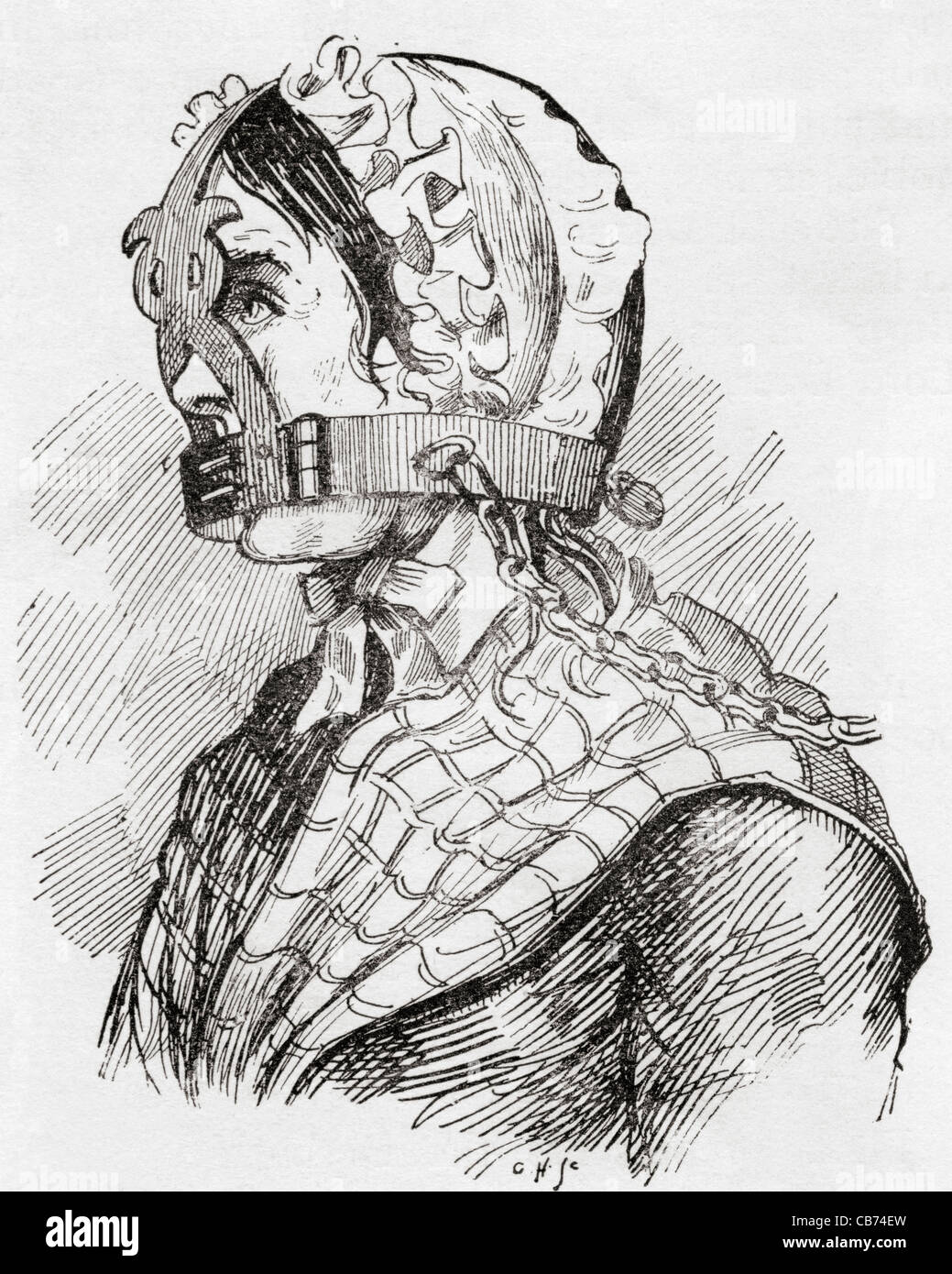 Frau trägt ein Derbyshire Knebeleisen oder Maulkorb im 17. Jahrhundert. Von The Strand Magazine veröffentlicht 1894. Stockfoto