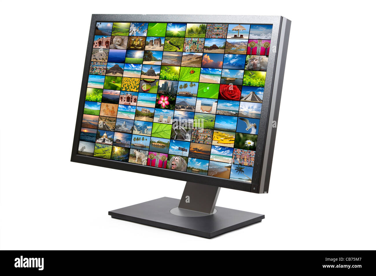 Moderne LCD-HDTV-Bildschirm mit Bildergalerie isoliert auf weißem Hintergrund Stockfoto