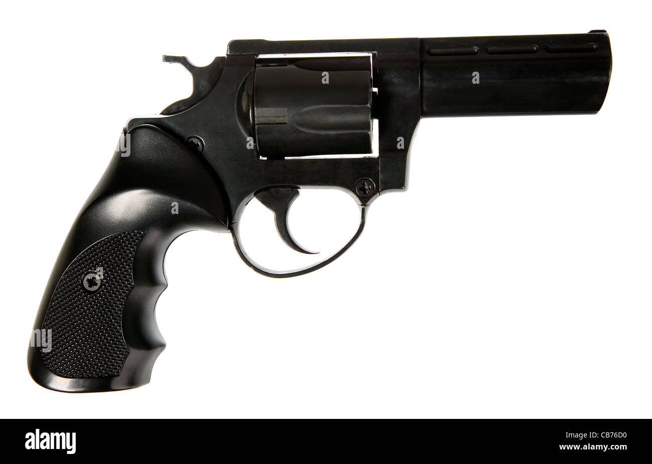 Schwarze Pistole auf weißem Hintergrund, gefährlich und Sicherheitskonzept Stockfoto