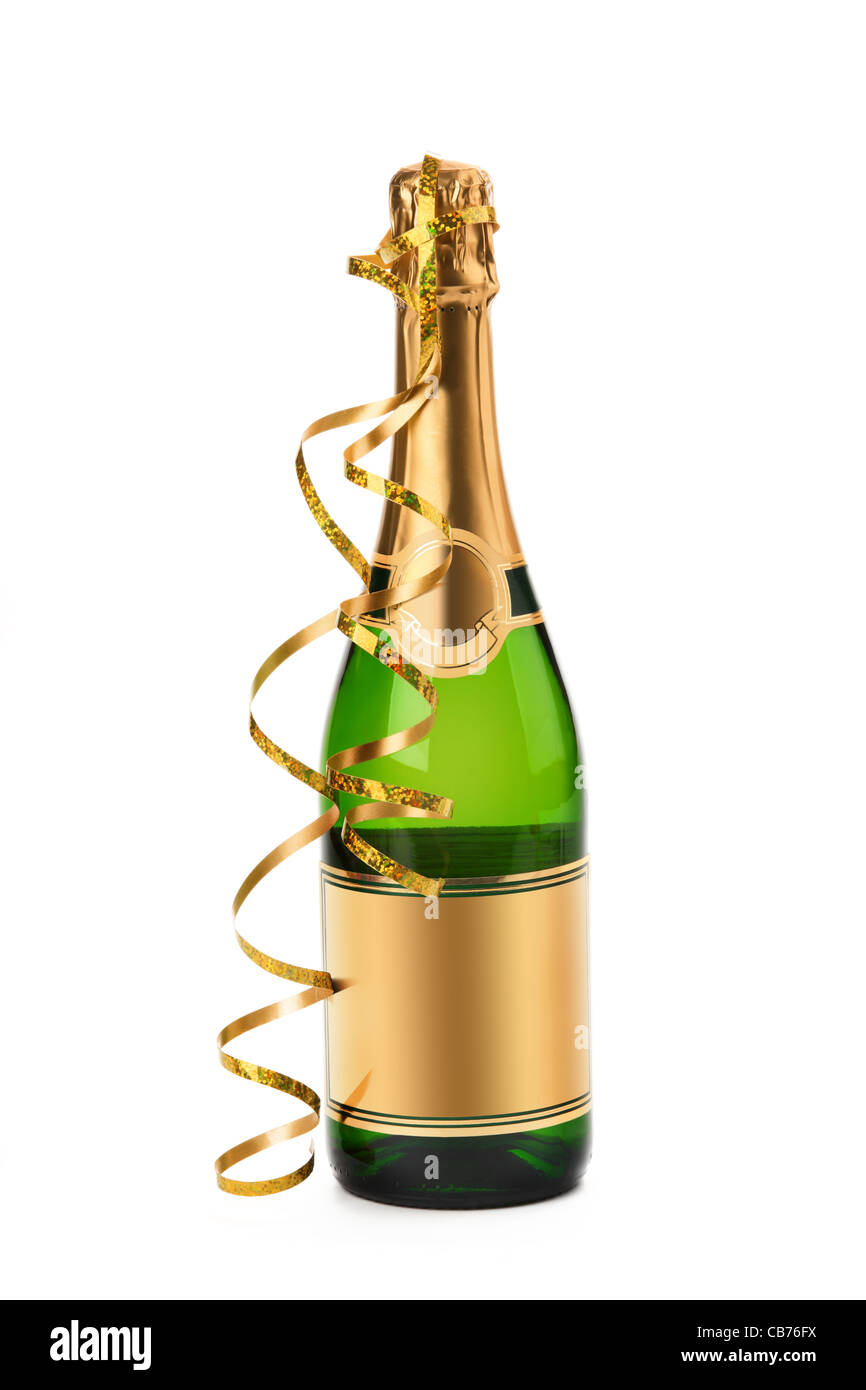 Flasche Champagner mit streamer Stockfoto