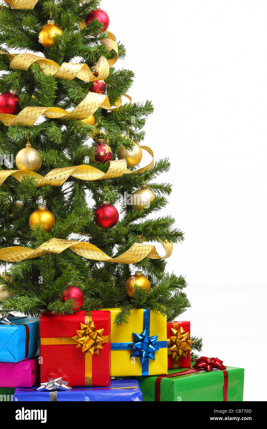 Nahaufnahme der Weihnachtsbaum und Geschenke, Textfreiraum für Ihren Text. Stockfoto
