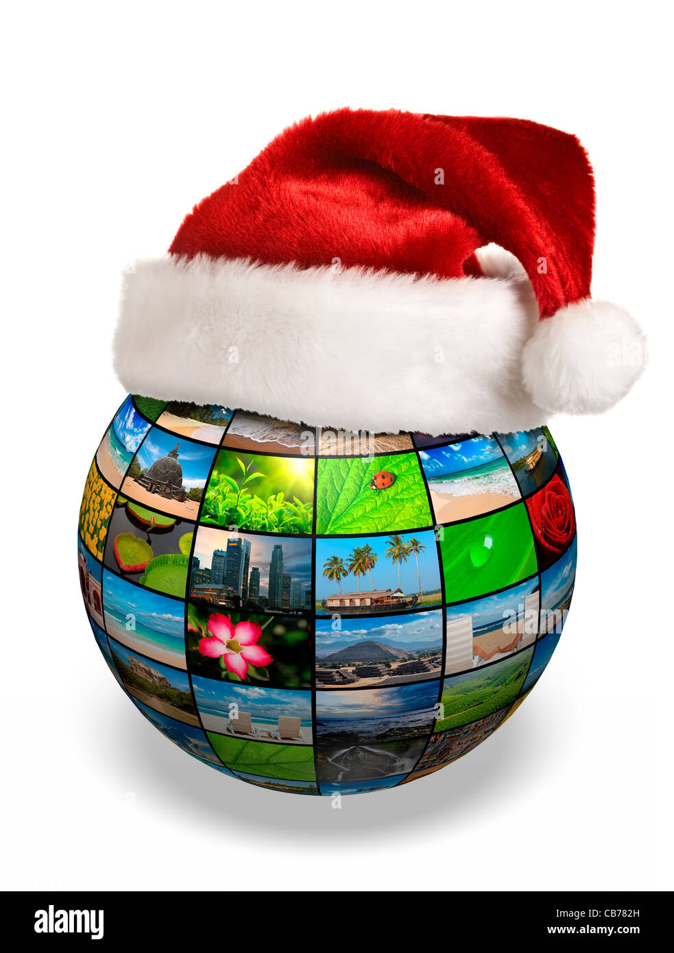 Social-Media Planet auf Weihnachten - Multimedia-Globus mit Bildern mit Weihnachtsmütze Stockfoto