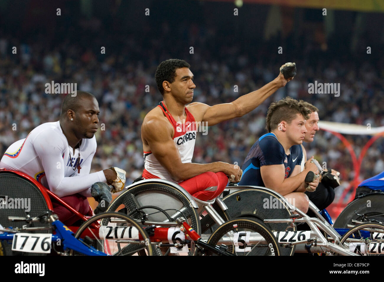 sportlichen Wettkampf auf die Paralympischen Spiele 2008 zeigt das T52-100-Meter-Rollstuhl-Rennen für Männer Stockfoto