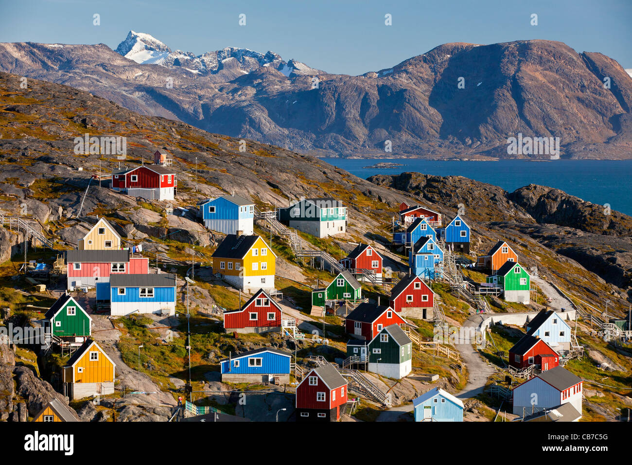 bunte Häuser in Kangaamiut, Grönland Stockfoto