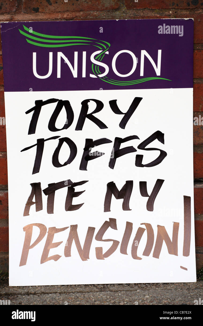 Plakat, beschuldigte Tory Schnösel der Verzehr von Beschäftigten des öffentlichen Dienstes Renten TUC Tag der Aktion Gateshead, Nord-Ost-England, UK Stockfoto