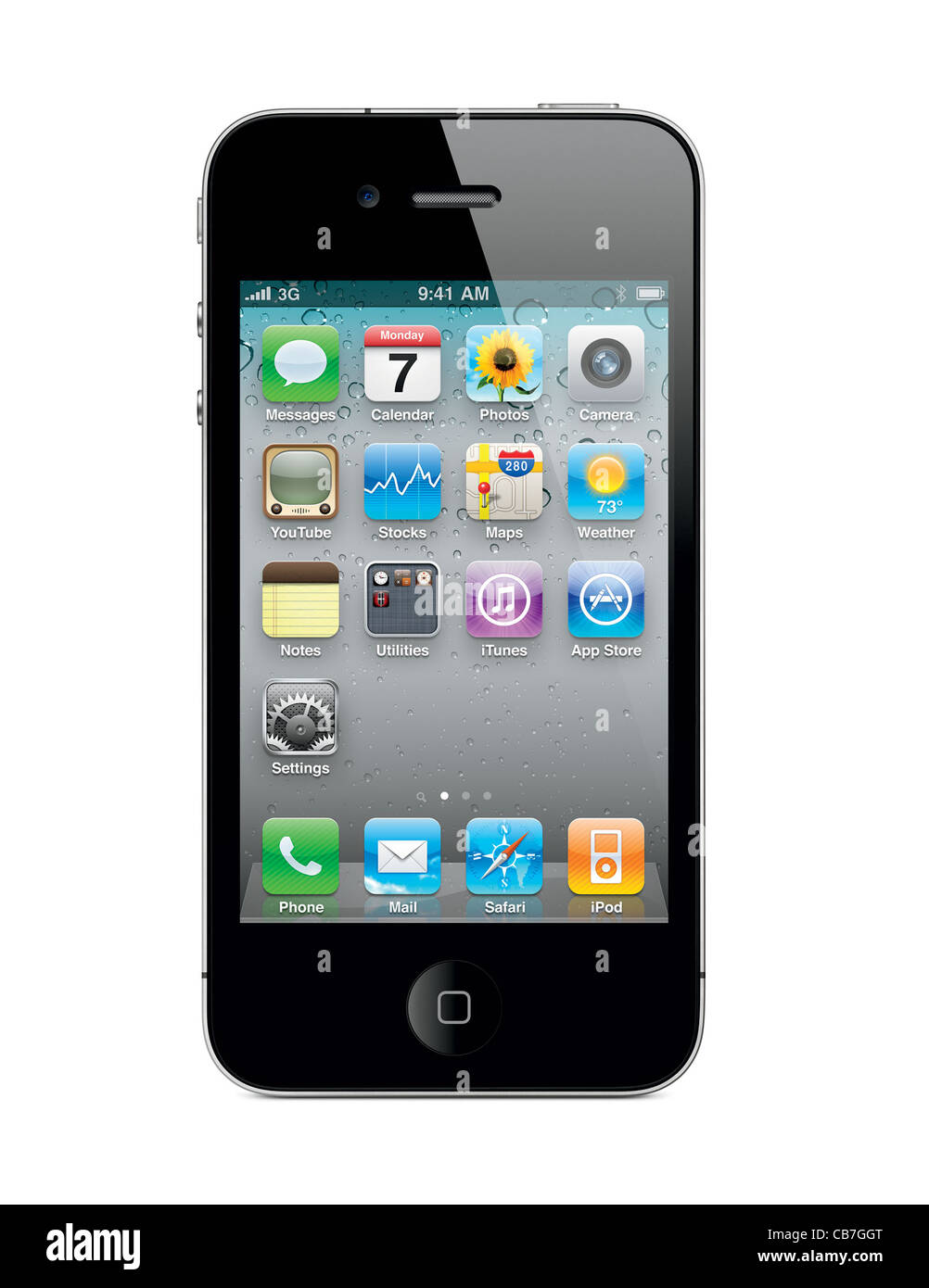 Apple iPhone 4 mit Desktop-Icons isoliert auf weißem Hintergrund Stockfoto