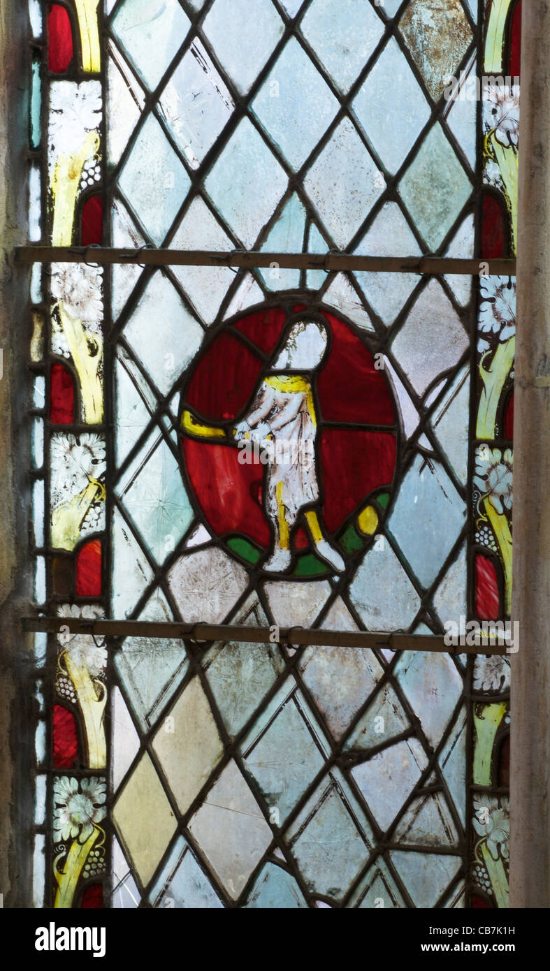 Aus Buntglas von Gloucester Golfer, 14. Jahrhundert mittelalterliche, große Ostfenster, Kathedrale von Gloucester, Gloucestershire, Stockfoto
