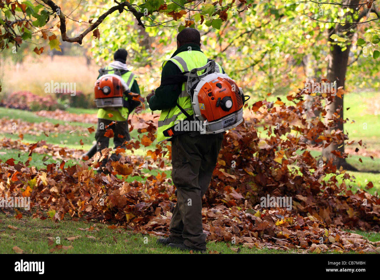 Gärtner in St James Park, London Clearing Blätter mit Rucksack