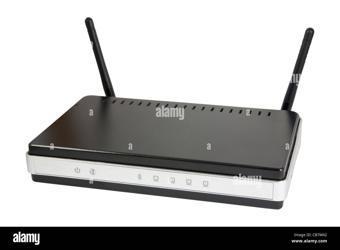 Neue schwarze WLAN-Router mit zwei Antennen. Isoliert auf weißem Hintergrund mit Beschneidungspfad. Stockfoto