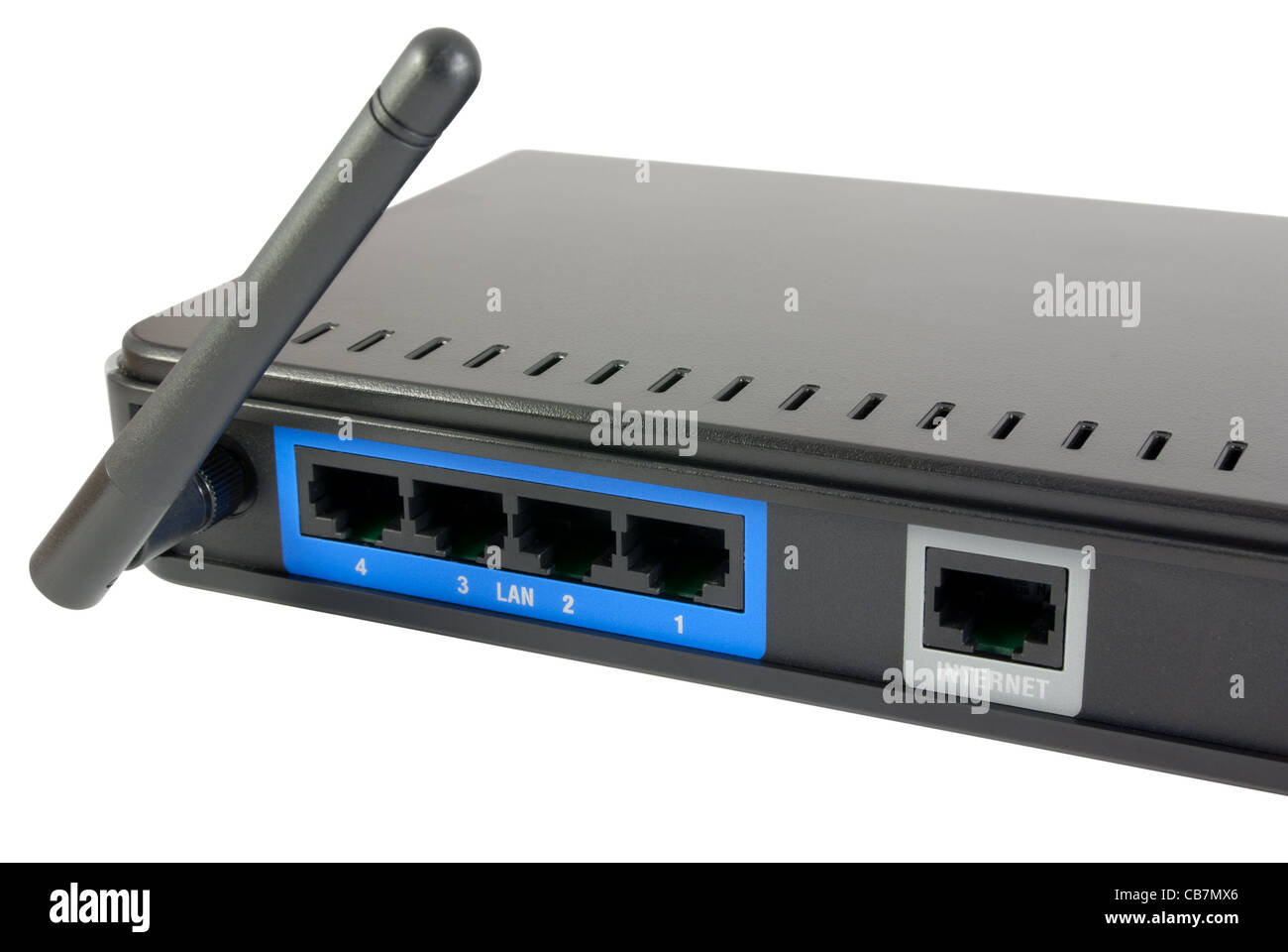 Rückwand der WLAN-Router mit LAN und Internet-Anschlüsse und eine Antenne.  Isoliert auf weißem Hintergrund mit Beschneidungspfad Stockfotografie -  Alamy