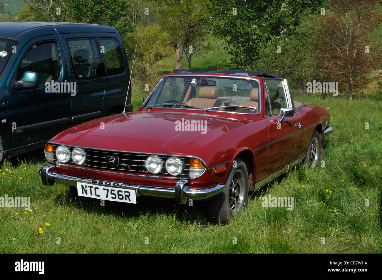 Mark II Triumph Stag, zeichnet sich durch den schwarzen sichern auf das Emblem am Kühlergrill, Chideock Manor, in der Nähe von Bridport, Dorset. Stockfoto