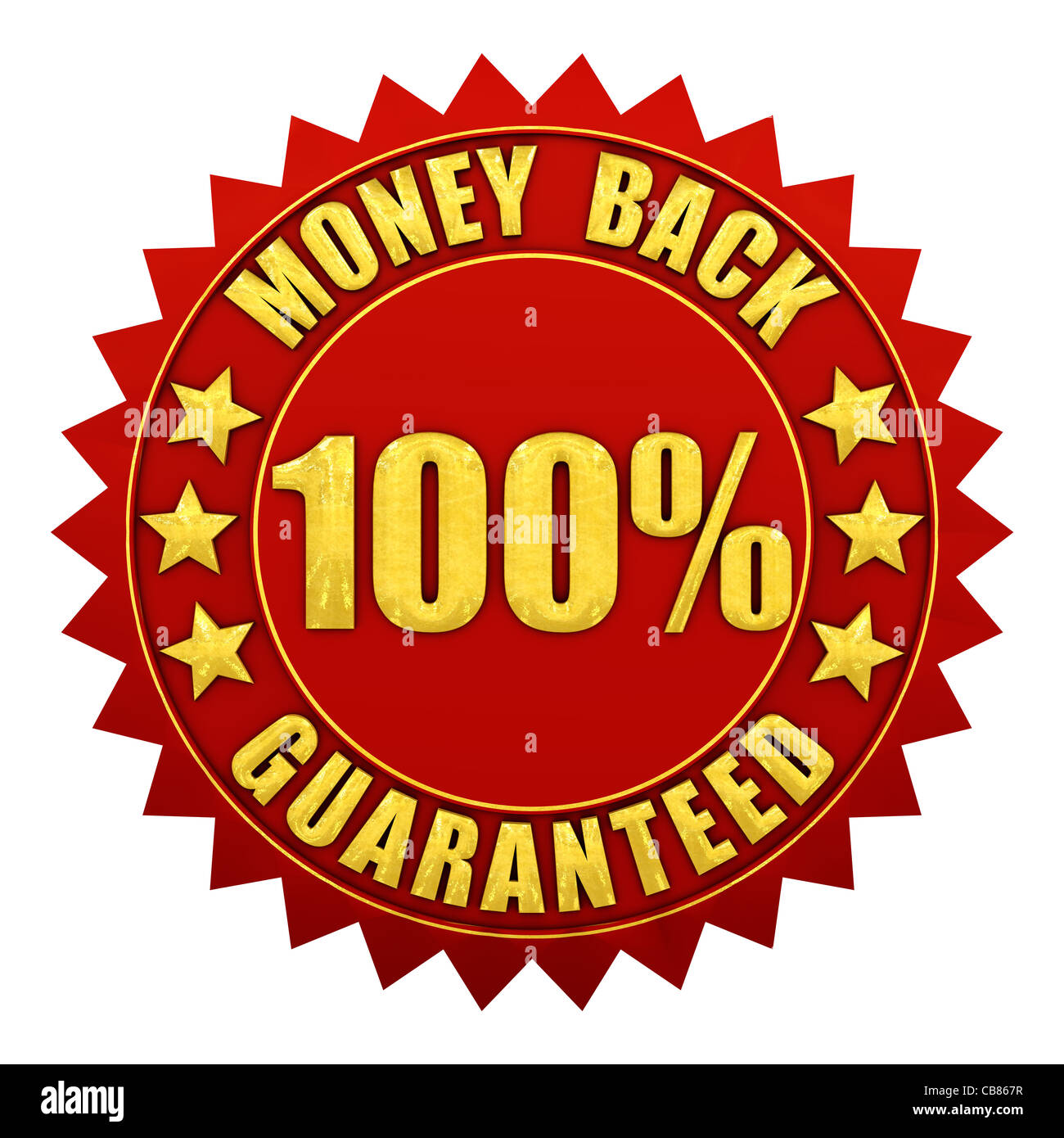 100 Prozent Geld zurück garantiert, rot und gold Garantie-Label isoliert auf weiss Stockfoto