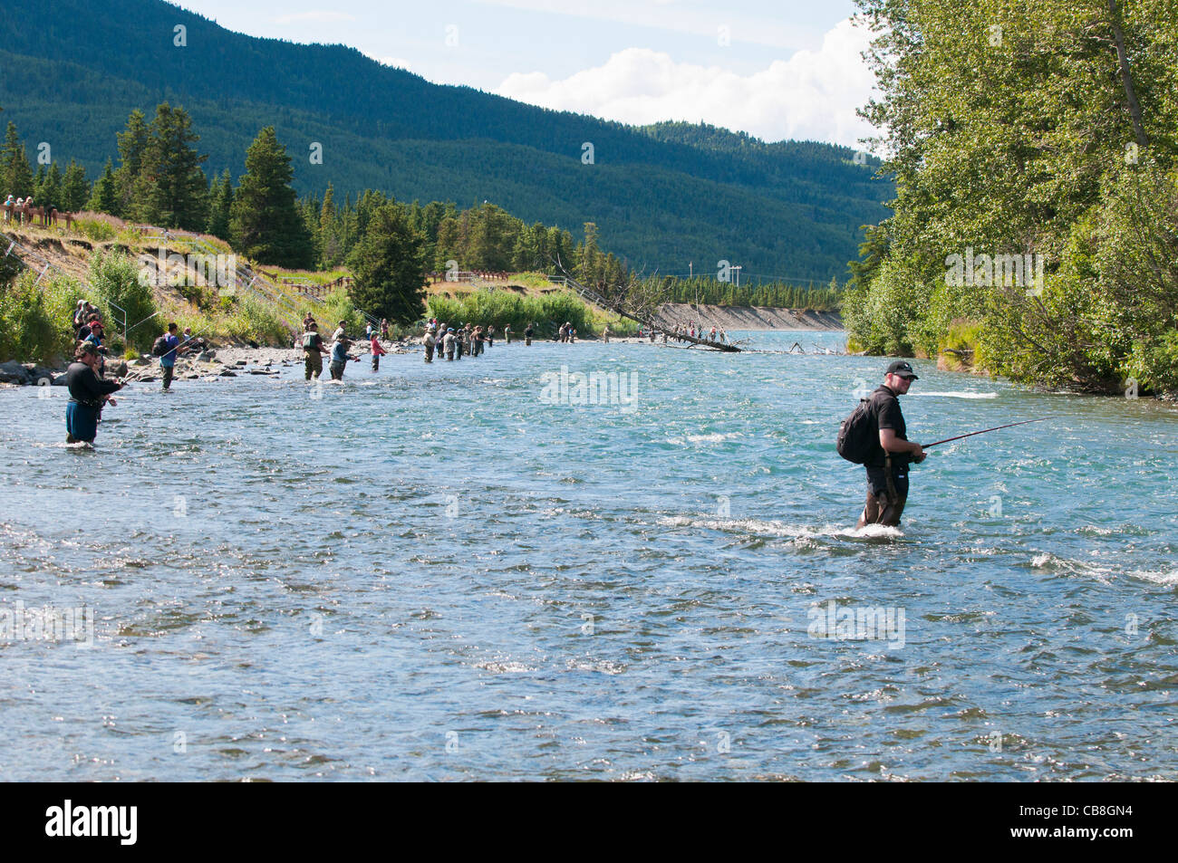 Menschen-Fliegenfischen für Sockeye Lachs im Kenai River, Alaska Stockfoto