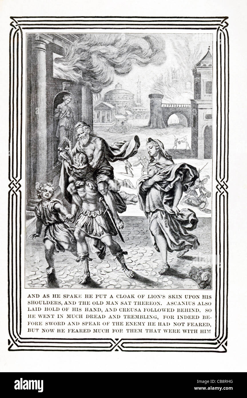 Aeneas flieht Troy, mit Vater Anchises auf die Schulter und die Penaten in einer Hand und Sohn Ascanius in der anderen, Creusa hinter. Stockfoto