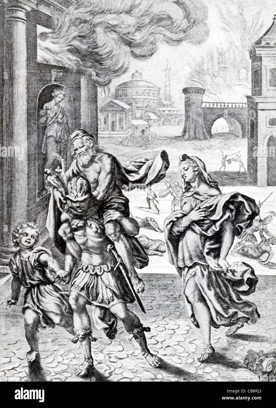 Aeneas flieht Troy, mit Vater Anchises auf die Schulter und die Penaten in einer Hand und Sohn Ascanius in der anderen, Creusa hinter. Stockfoto