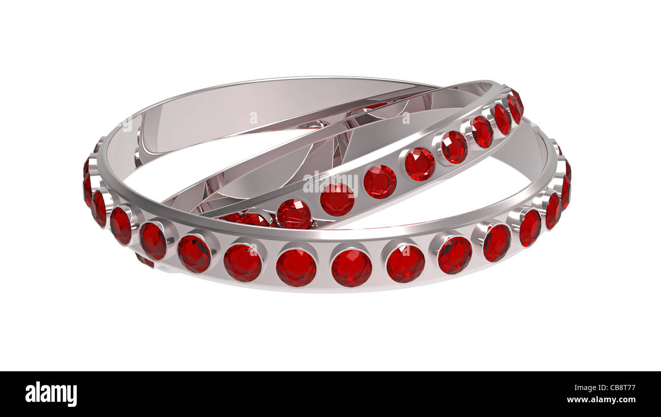 Zwei Ringe mit Rubinen, isoliert auf weiss, 3d Rendern Stockfoto