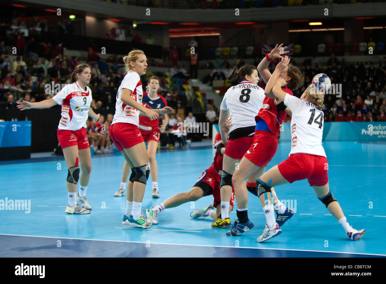 Österreich gegen Großbritannien London Handball Cup der Frauen. Bei der Handball-Arena, UK statt. Stockfoto